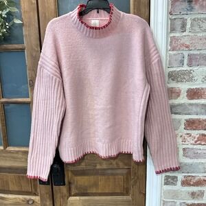 Joie Sweater Womens Large Pink Mock Neck Pullover Red Blanket Stitch Trim